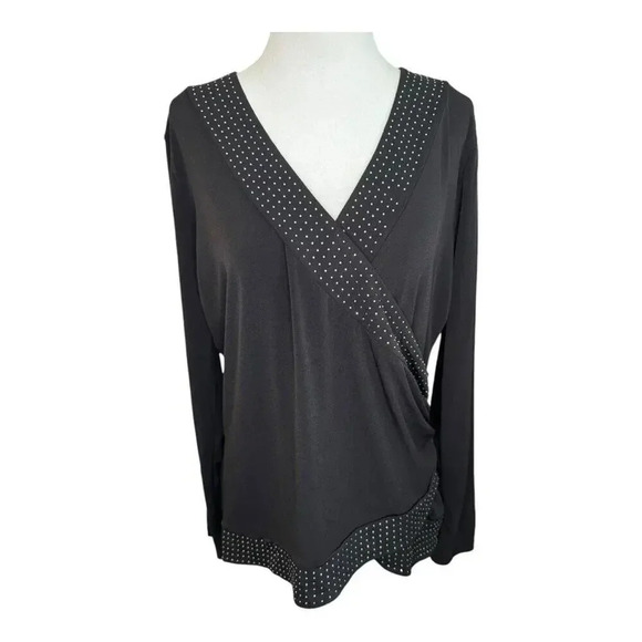 NEW Michael Kors Black Rhinestone‎ Long-Sleeve V-Neck Jersey Top Petite XL NWT - Picture 1 of 7